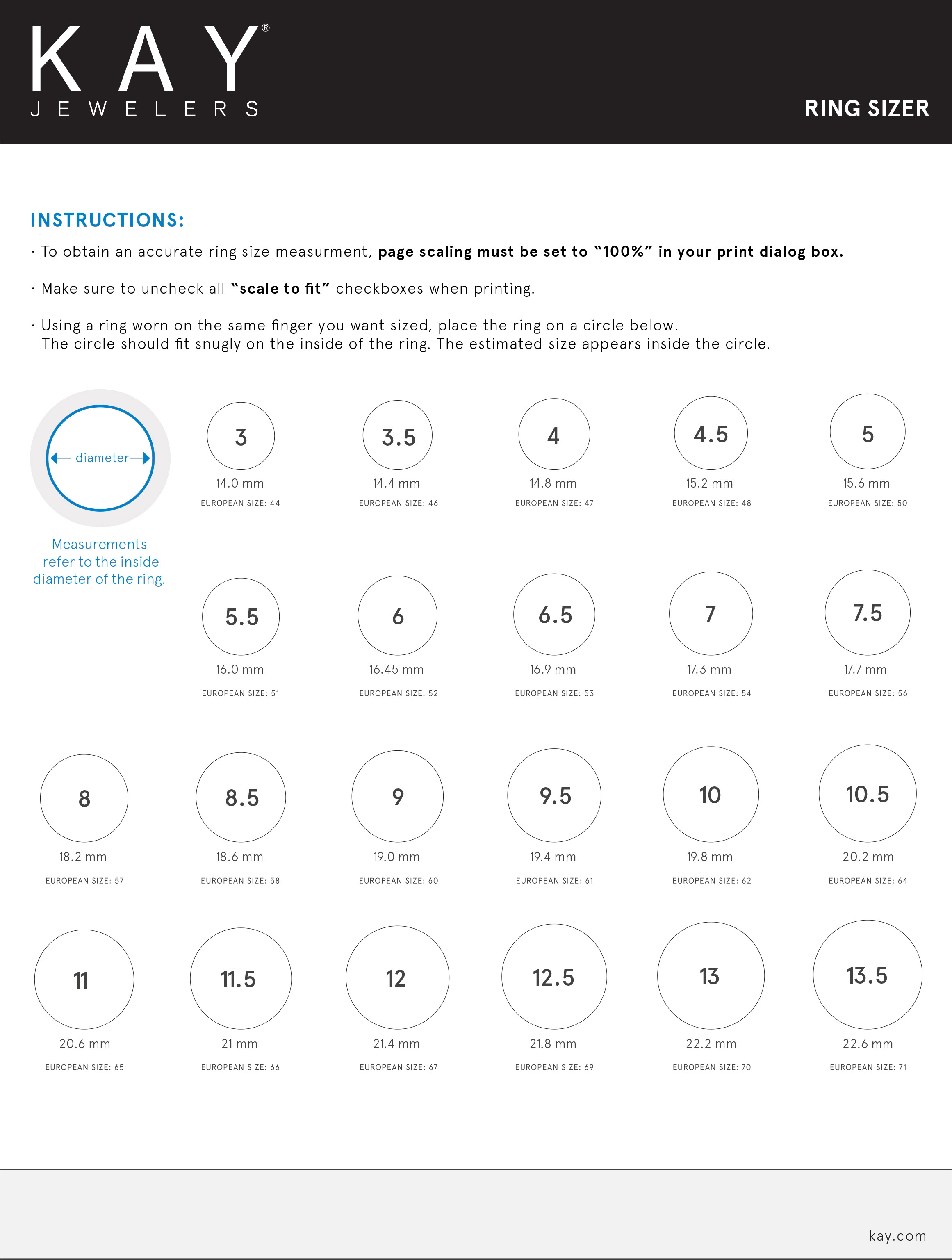 A printable ring size chart with instructions and ring sizes.