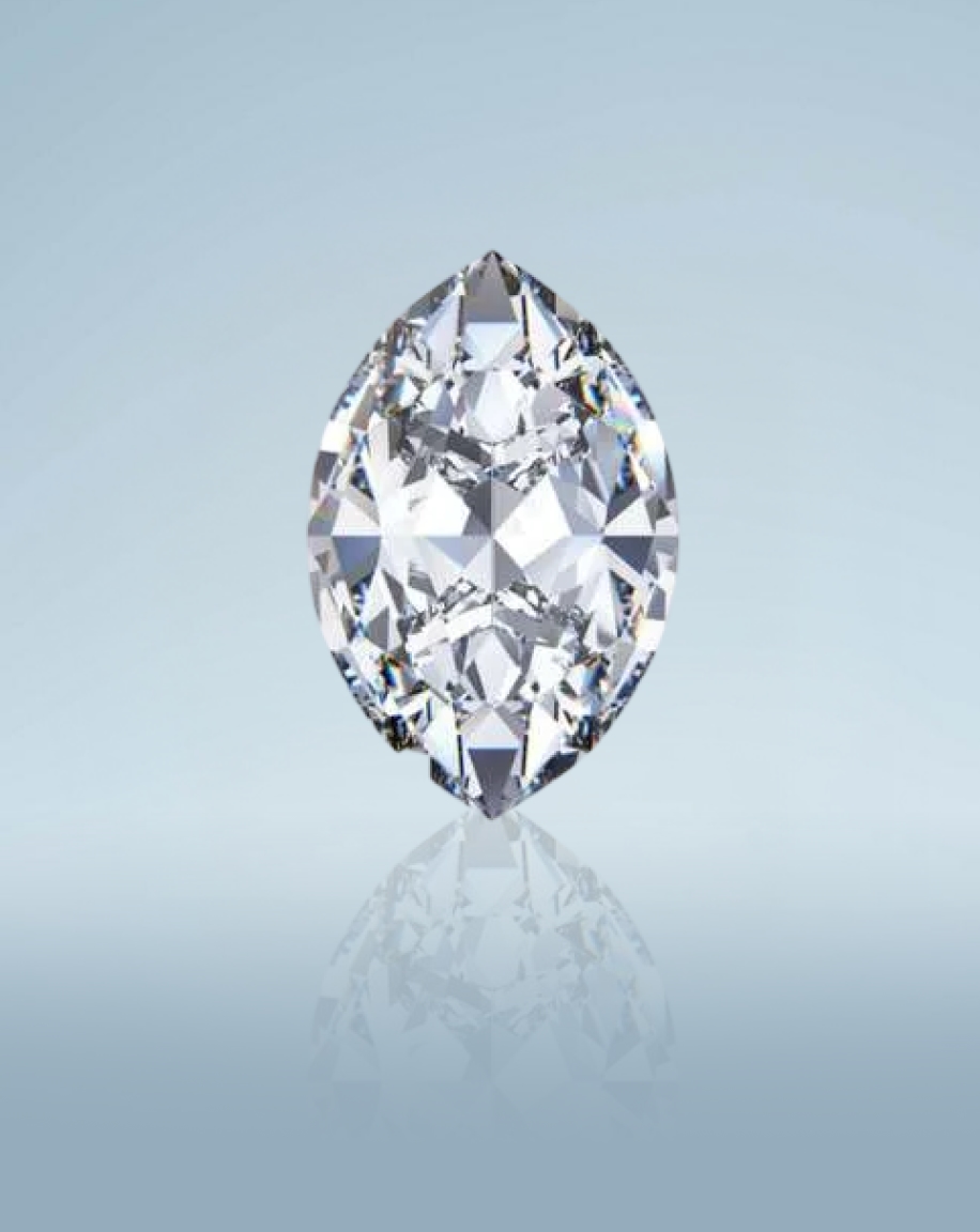 Kay marquise-cut diamond showcased in a close-up gemstone portrait, highlighting the elongated silhouette, pointed ends, exceptional brilliance, and precision faceting with a reflective finish against a soft blue background.