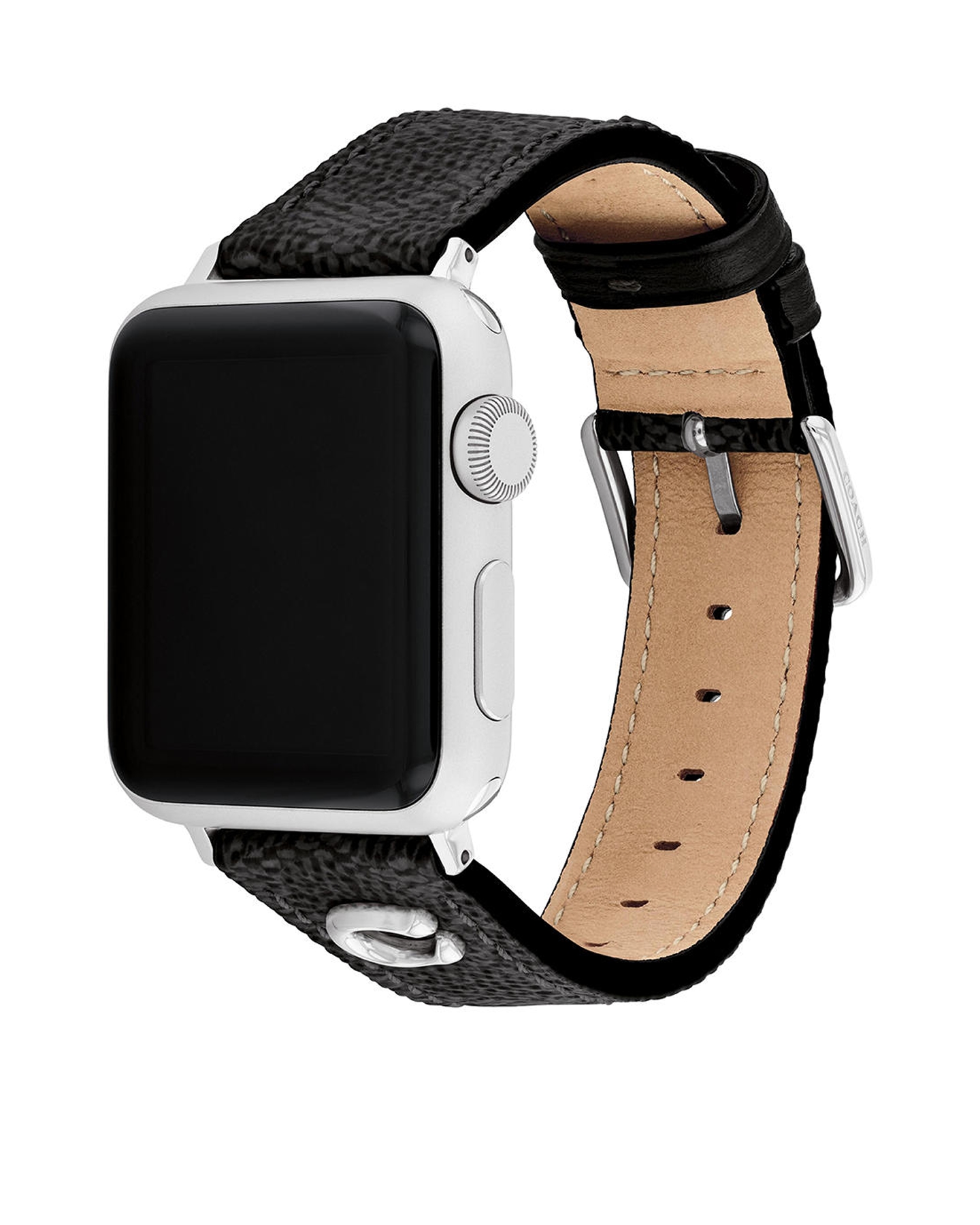 Kay smartwatch with black textured leather strap and silver-tone case, featuring a sleek modern design on a clean white background
