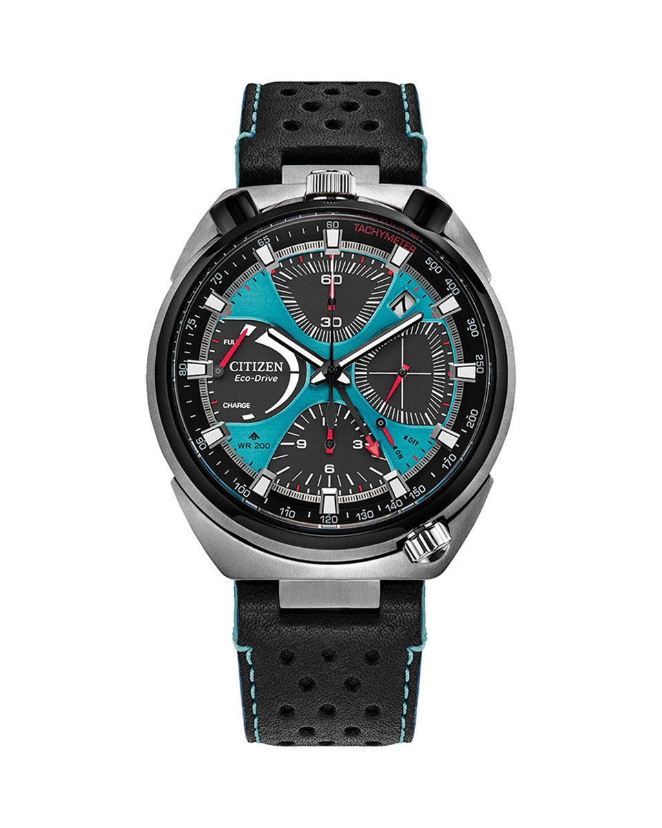Kay Citizen Eco-Drive chronograph watch with stainless steel case, black perforated leather strap, and bold blue-accented dial