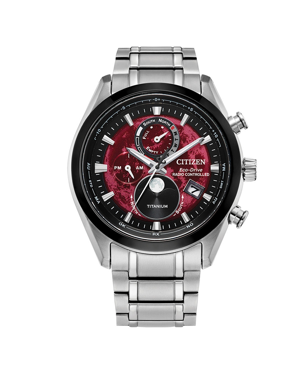 Kay Citizen Eco-Drive titanium watch with red moonphase dial, silver-tone bracelet, and radio-controlled technology