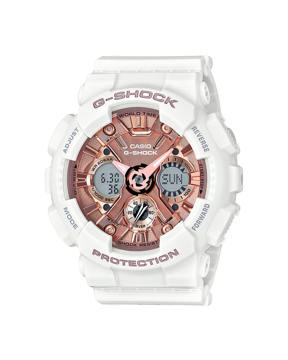 Kay Casio G-Shock resin watch with rose gold-tone dial, white shock-resistant case, and durable sporty design