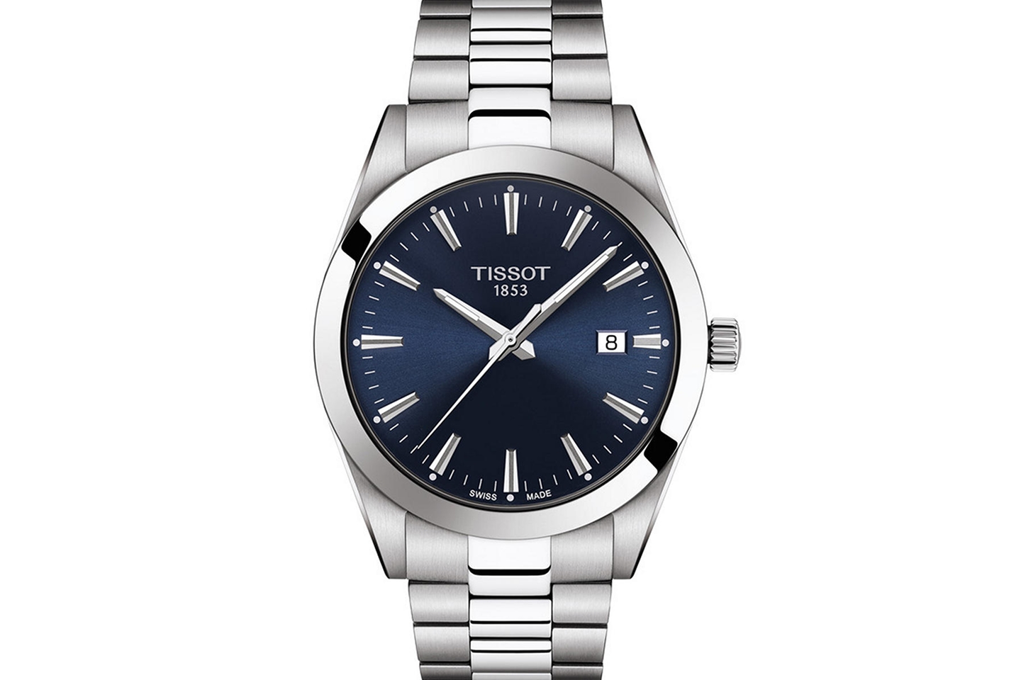 Kay Tissot stainless steel watch with deep blue dial, sapphire crystal, and silver-tone bracelet for a refined modern look