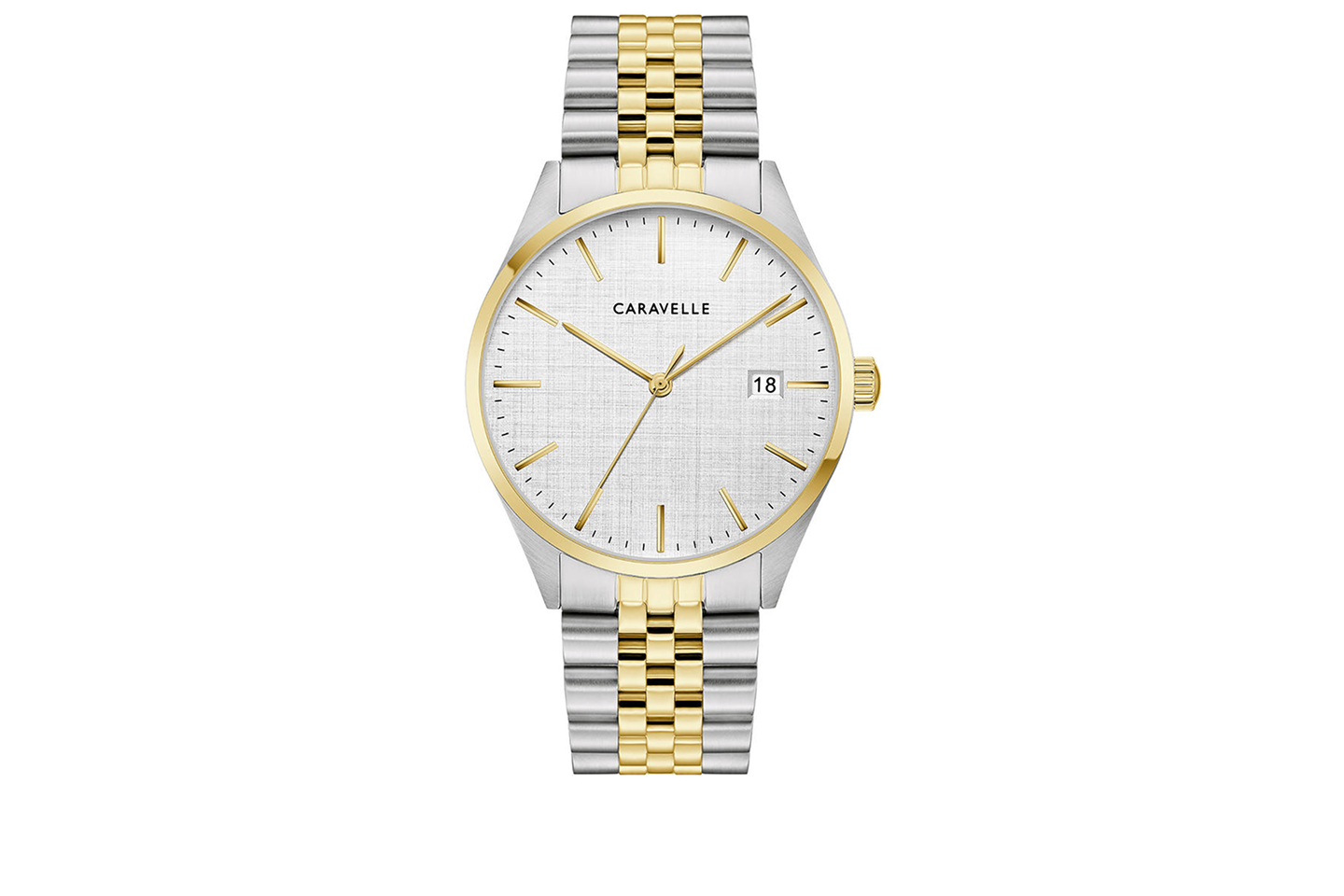 Kay Caravelle two-tone watch with silver dial, gold-tone accents, mineral crystal, and stainless steel bracelet