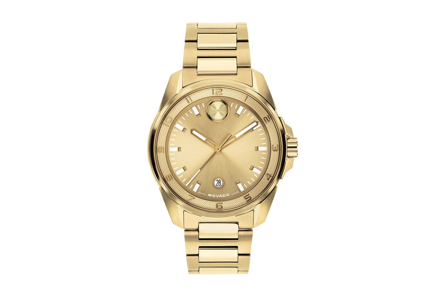 Kay Movado gold-tone stainless steel bracelet watch with champagne dial, signature dot marker, date window, and polished link bracelet
