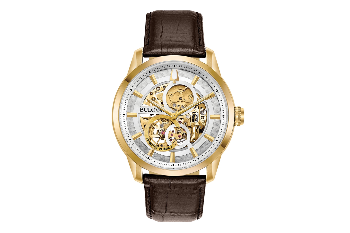 Kay Bulova automatic skeleton watch with gold-tone case, open-work dial, and brown leather strap