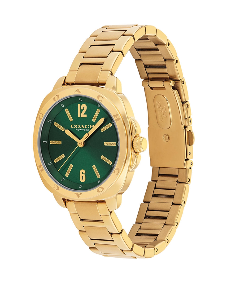 Kay Coach gold-tone bracelet watch with green sunray dial, crystal-accent markers, and push-button deployment clasp