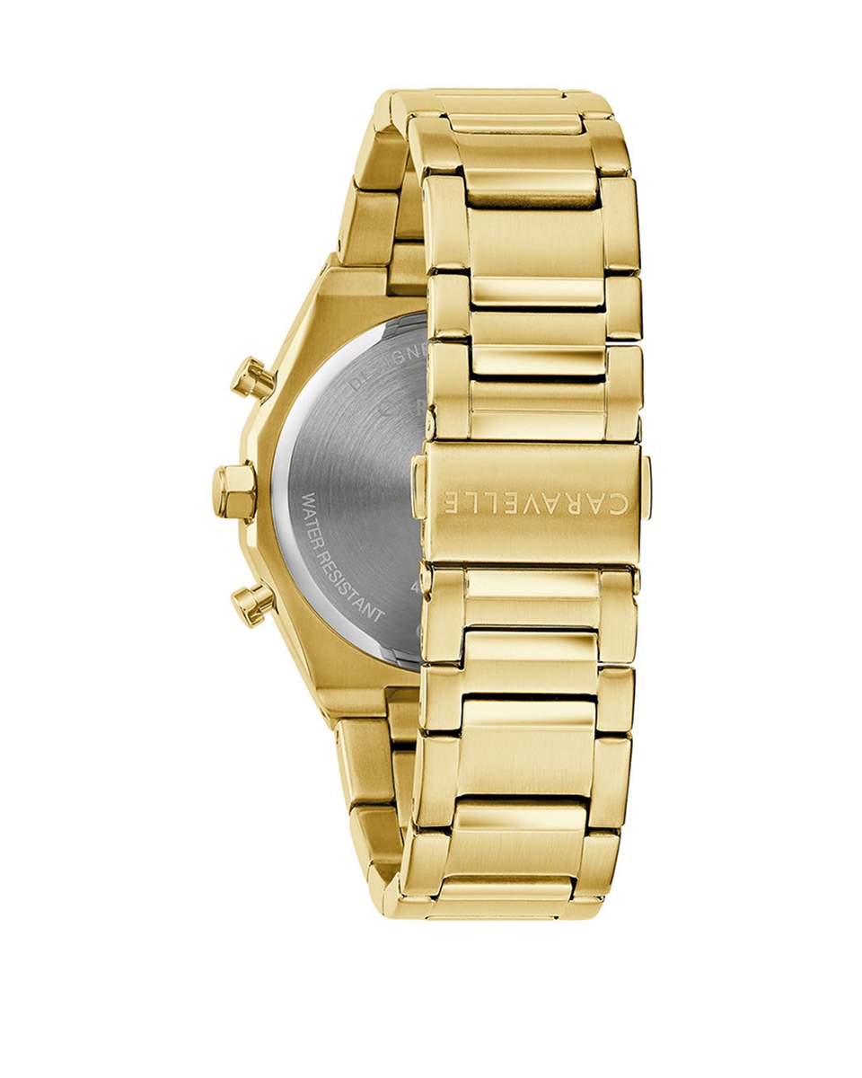 Kay Caravelle gold-tone bracelet watch with push-button fold-over clasp, safety latch, and polished stainless steel links