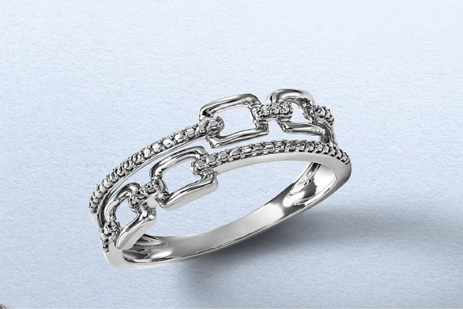 Kay diamond link band ring in sterling silver featuring modern chain-inspired details accented with shimmering diamonds