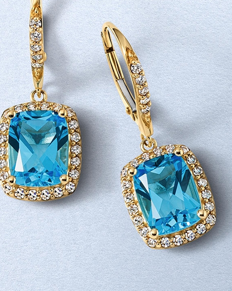Yellow Gold Cushion-Cut Blue Topaz and Diamond Drop Earrings by KAY.