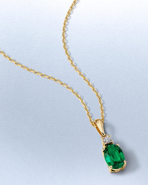 10K Yellow Gold Oval-Cut Emerald and Diamond Necklace by KAY.