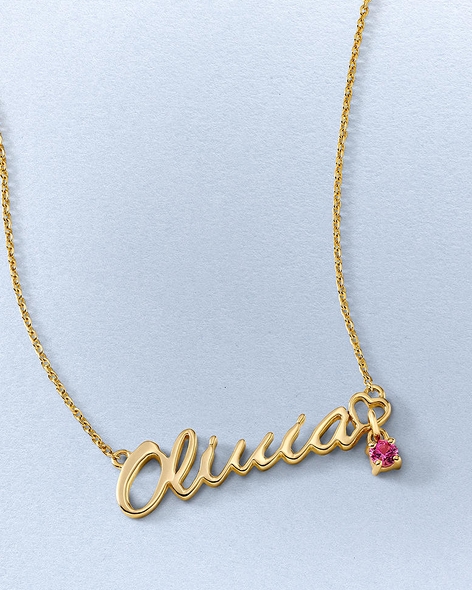 Yellow Gold Nameplate Necklace with Pink Sapphire Accent by KAY.