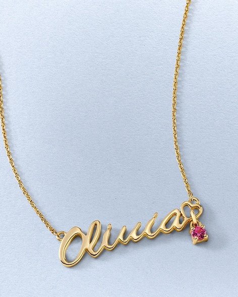 Yellow Gold Nameplate Necklace with Pink Sapphire Accent by KAY.