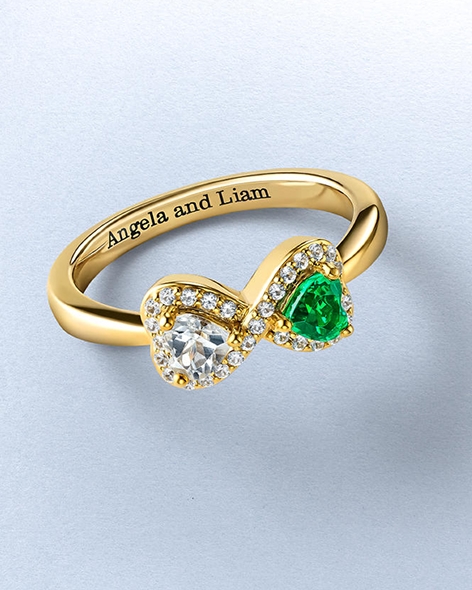 Yellow Gold Personalized Couple's Ring with Green and White Gemstone Accents by KAY.