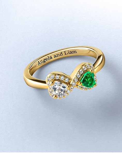 Yellow Gold Personalized Couple's Ring with Green & White Gemstones by KAY.