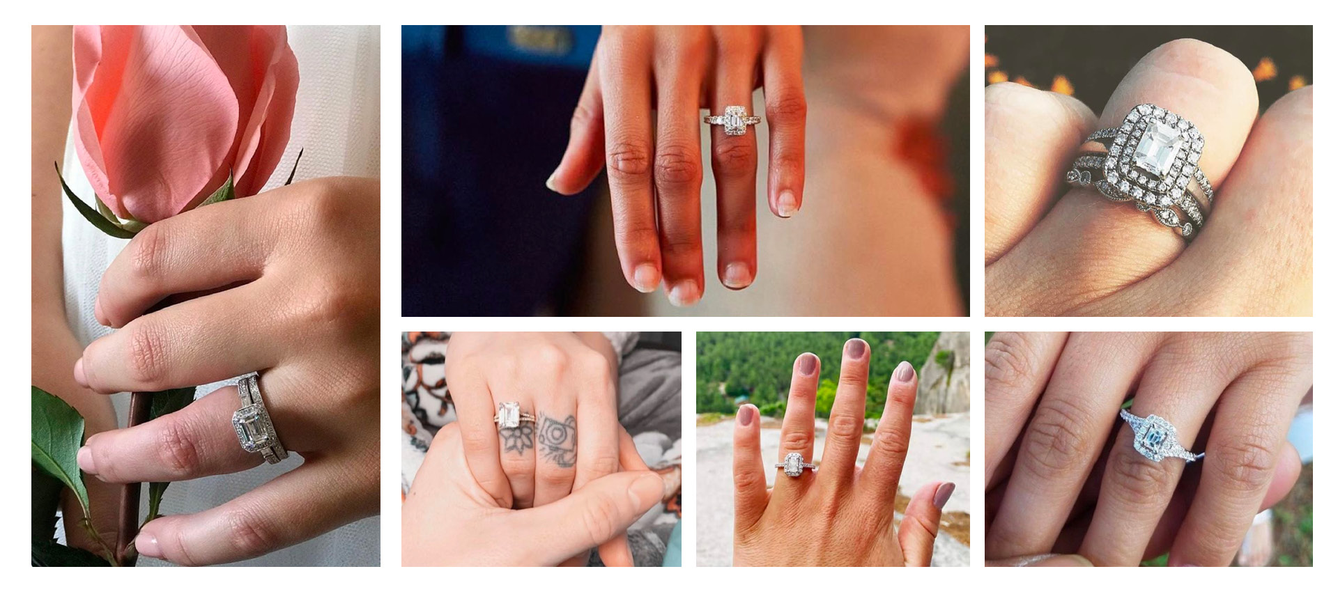 A collage of people showing off their beautiful emerald-cut engagement rings