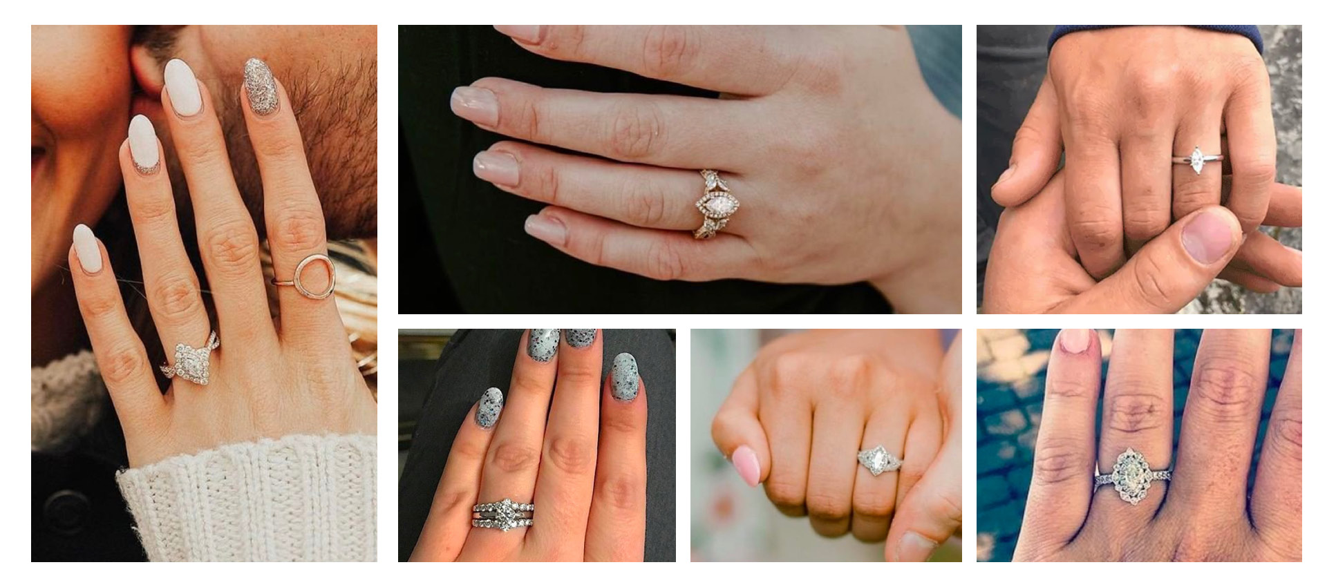 People showing off their gorgeous marquise-cut diamond engagement rings