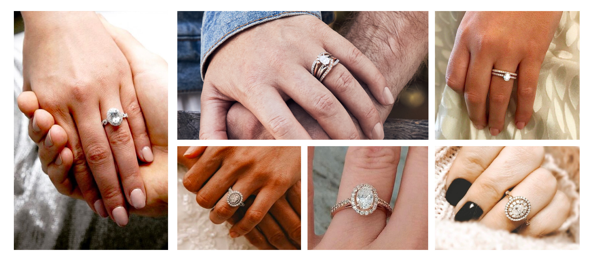 A collage of oval-cut engagement rings