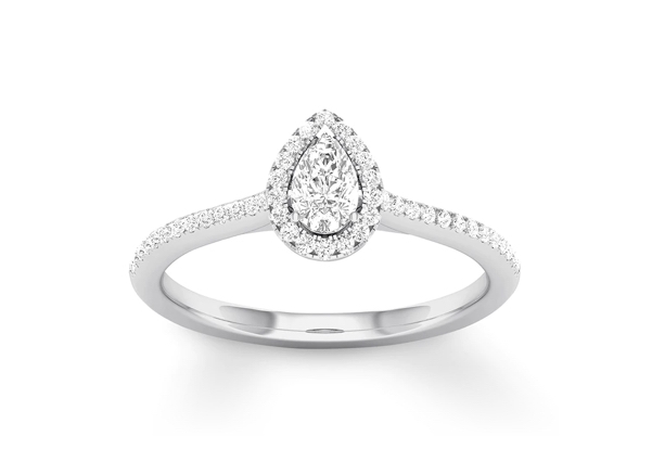 A pear-shaped engagement ring in a halo setting