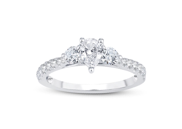 A pear-shaped diamond engagement ring in a three stone setting