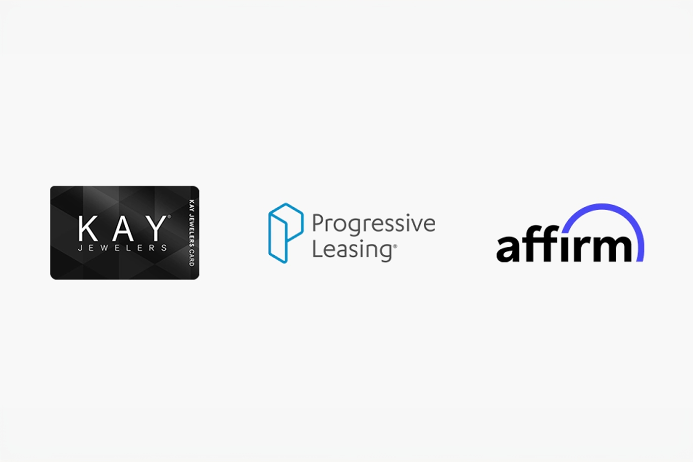 KAY Jewelers credit card, Progressive Leasing, and Affirm logos on light gray background
