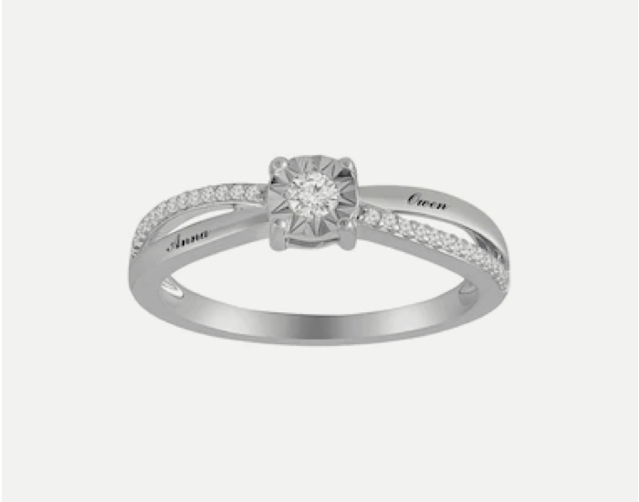 Engraved diamond ring with couples name. Add a special message to your ring for a great personalized gift