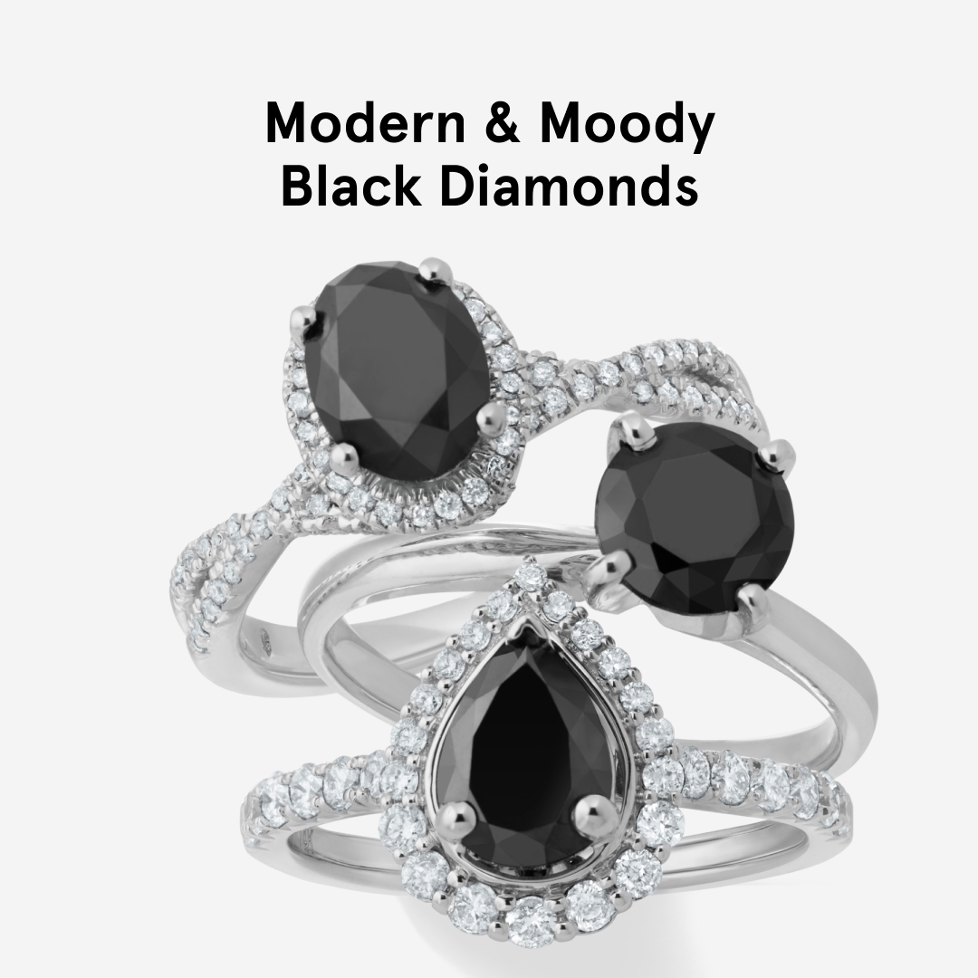 Image of three black diamond engagement rings