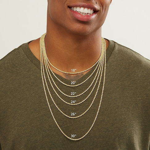 A male model demonstrating the different chain lengths and how they compare to one another.