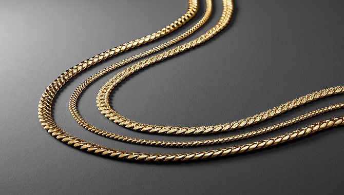 Three gold chains laying side by side from KAY.