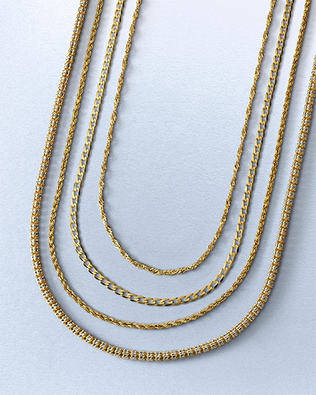Four different width, gold, chain necklaces from KAY.