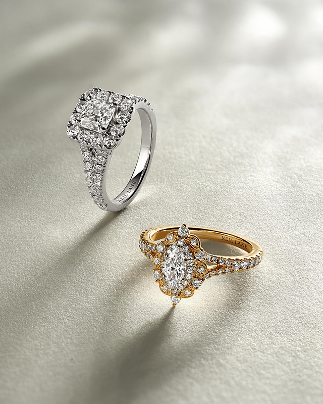 Gold, and silver, diamond engagement rings by KAY.