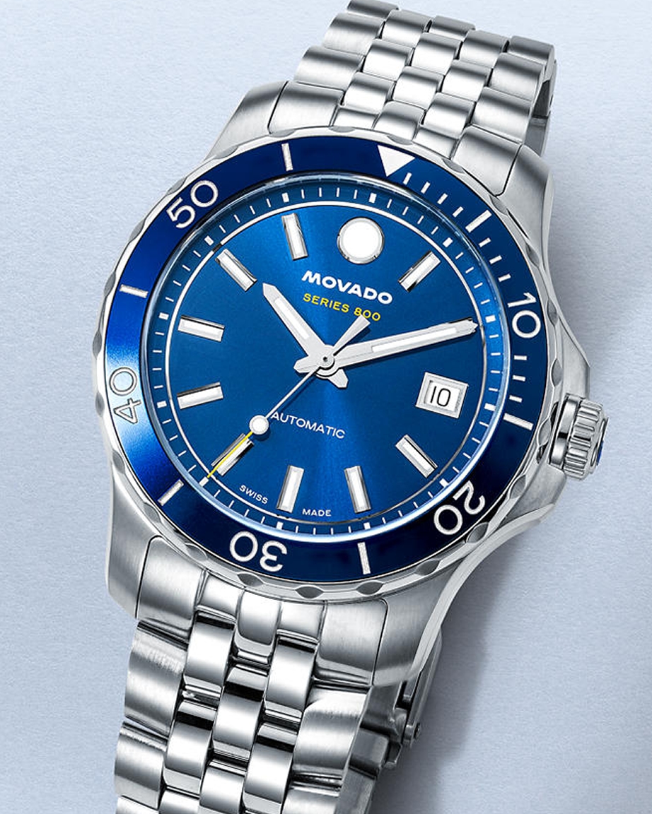 A silver, sapphire-faced anniversary watch by Movado, from KAY.