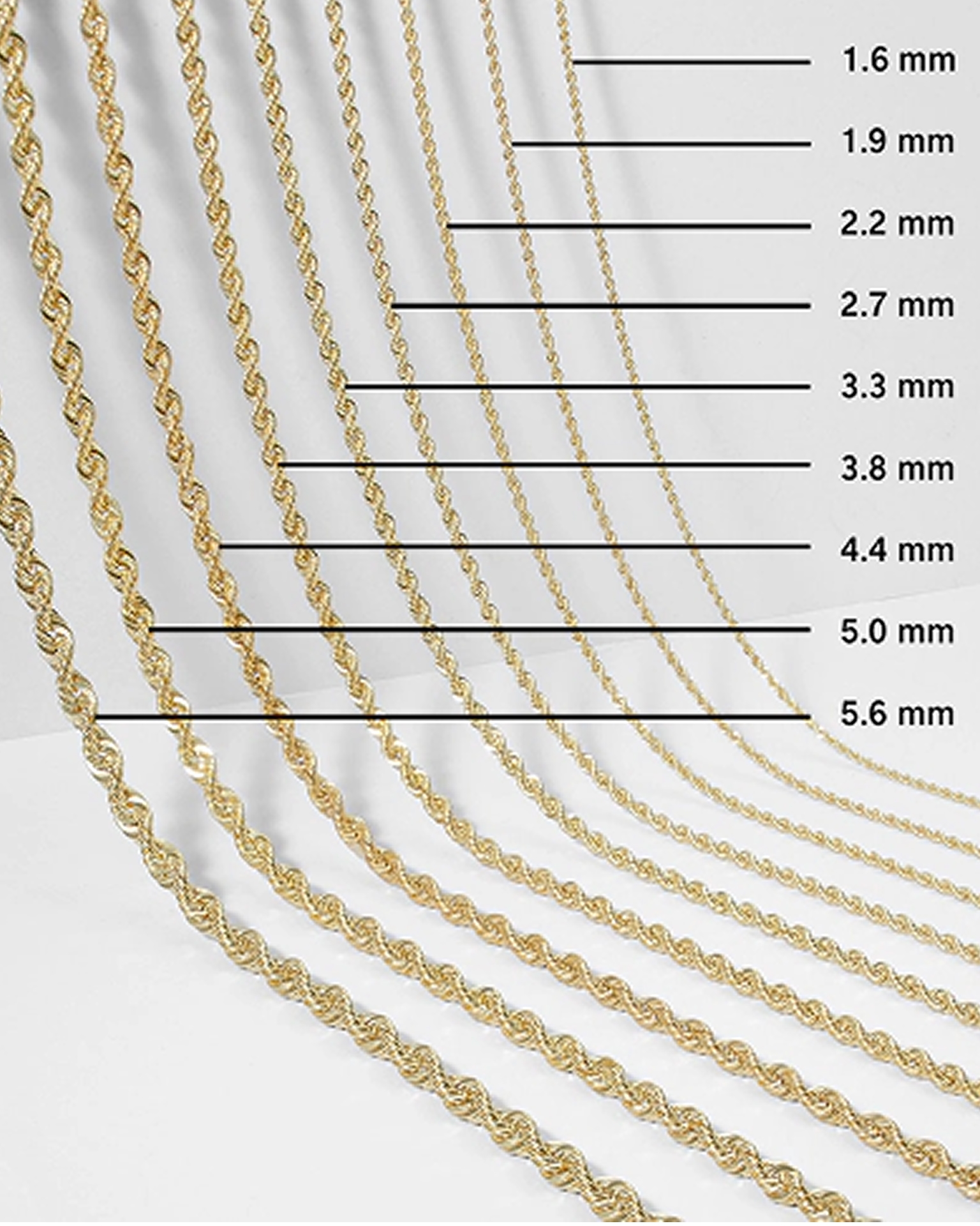 Multiple gold chains labeled with their chain width.