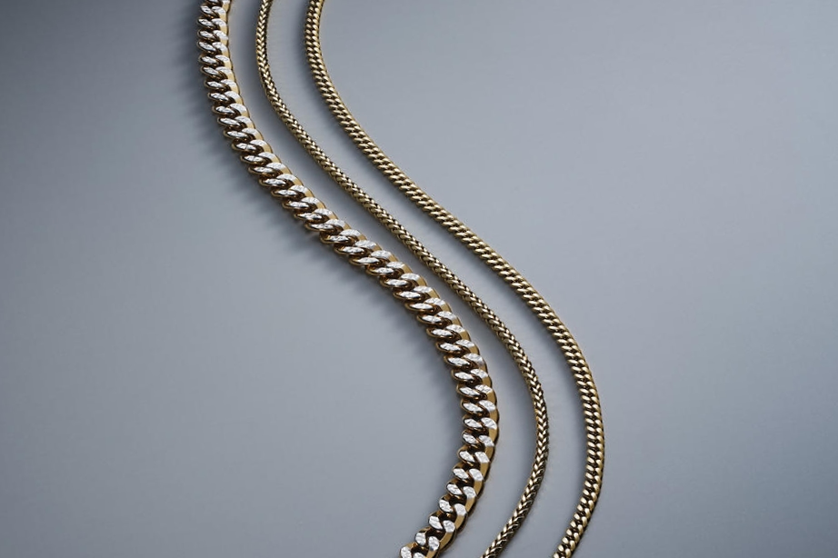 Three gold chains side by side.