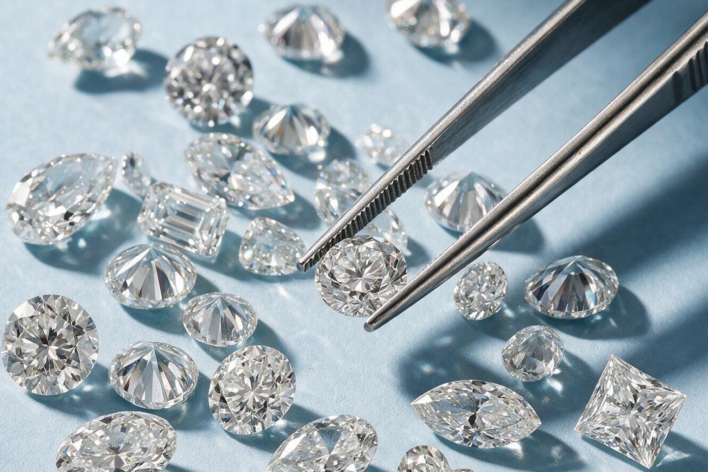 A various assortment of diamonds scattered on a table with a pair of tweezers picking one up.