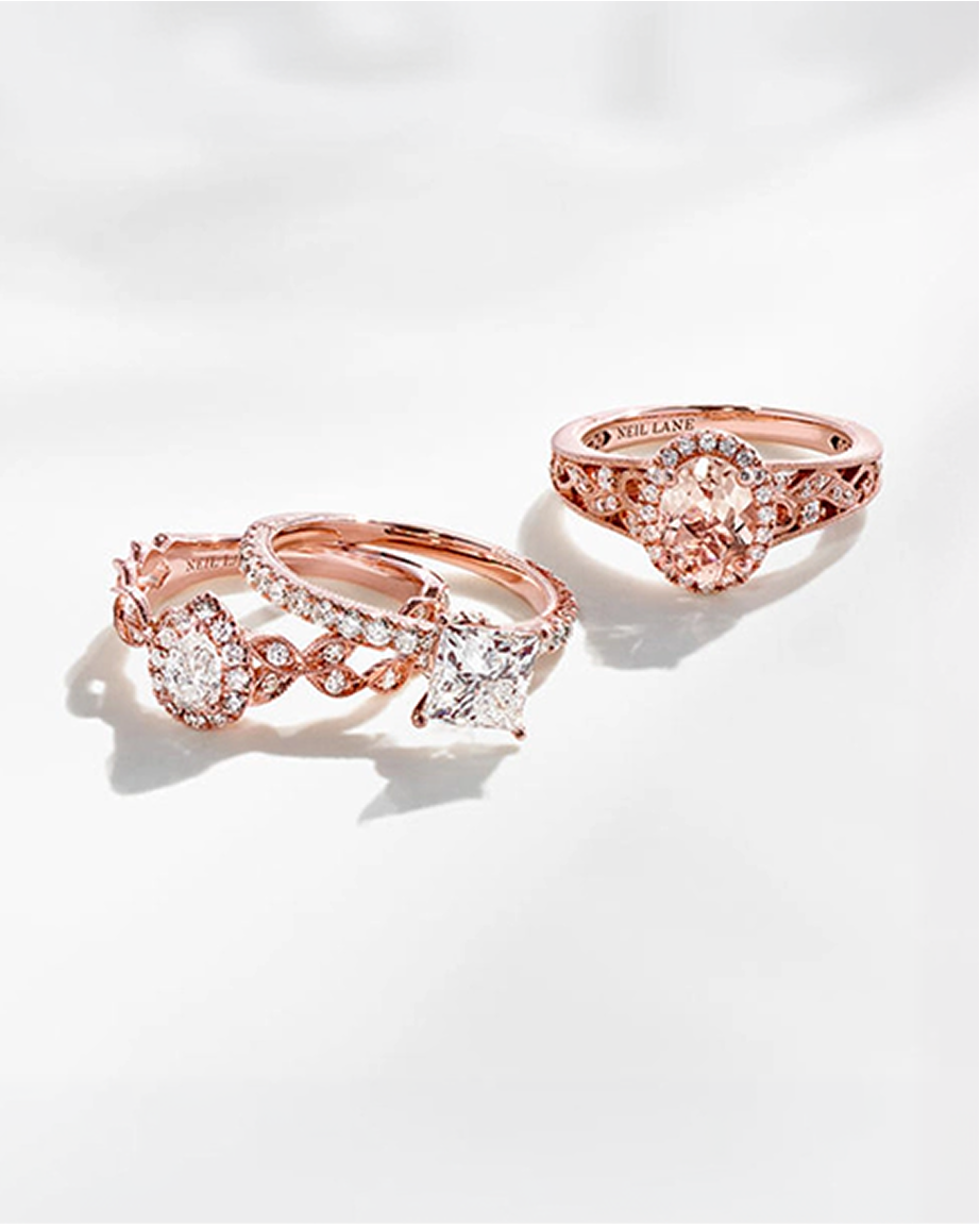 A trio of rose gold engagement and wedding rings from KAY.