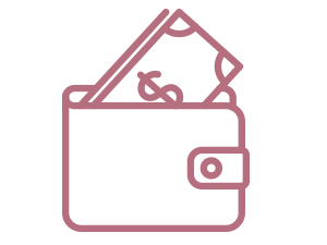 Pink icon of wallet filled with cash on a white background