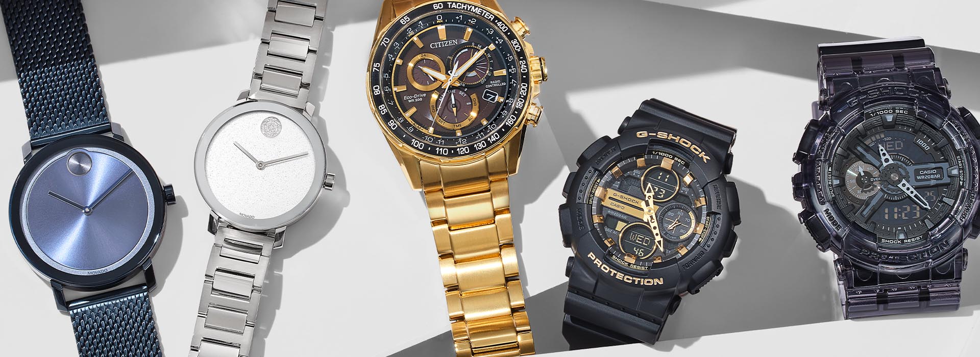 Image of various watches from Movado, Citizen, and Casio