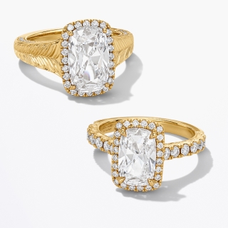 A pair of gold and diamond engagement rings.