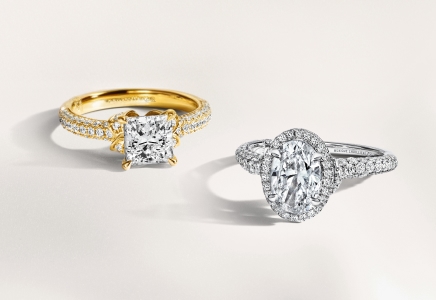 Gold princess cut and white gold oval engagement rings from Monique Lhuillier Bliss