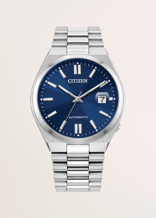 A silver Citizen watch with a blue dial from KAY.