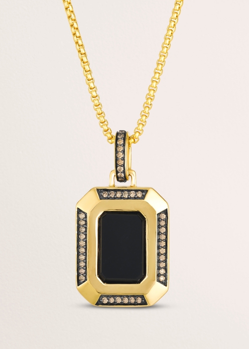 A gold pendant with a rectangular onyx attached to a gold chain by Le Vian at KAY.