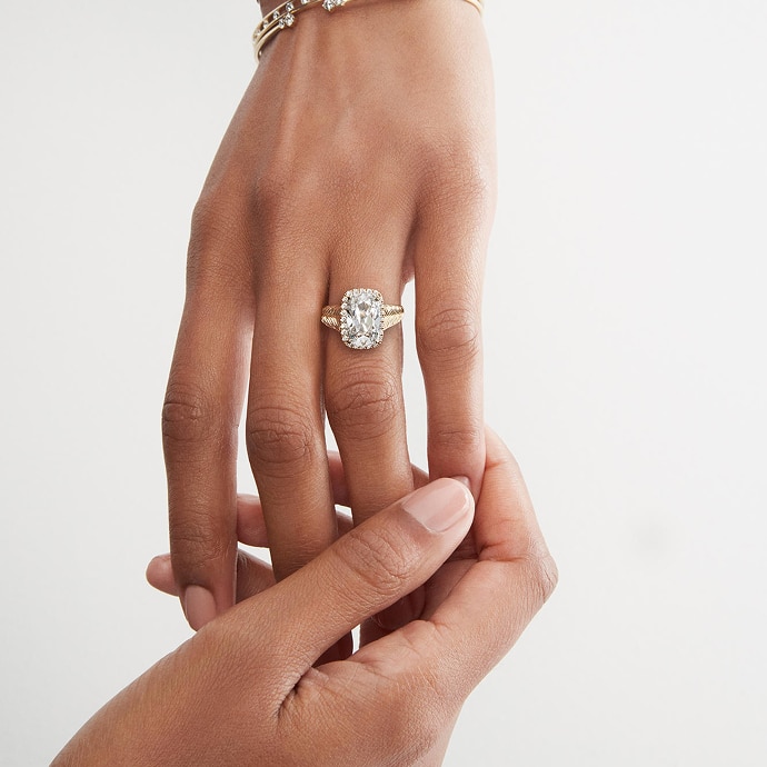 Woman wearing ready to ship engagement ring from KAY