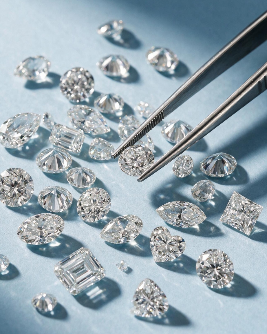 Jewelers tweezers holding a loose diamond with diamonds scattered