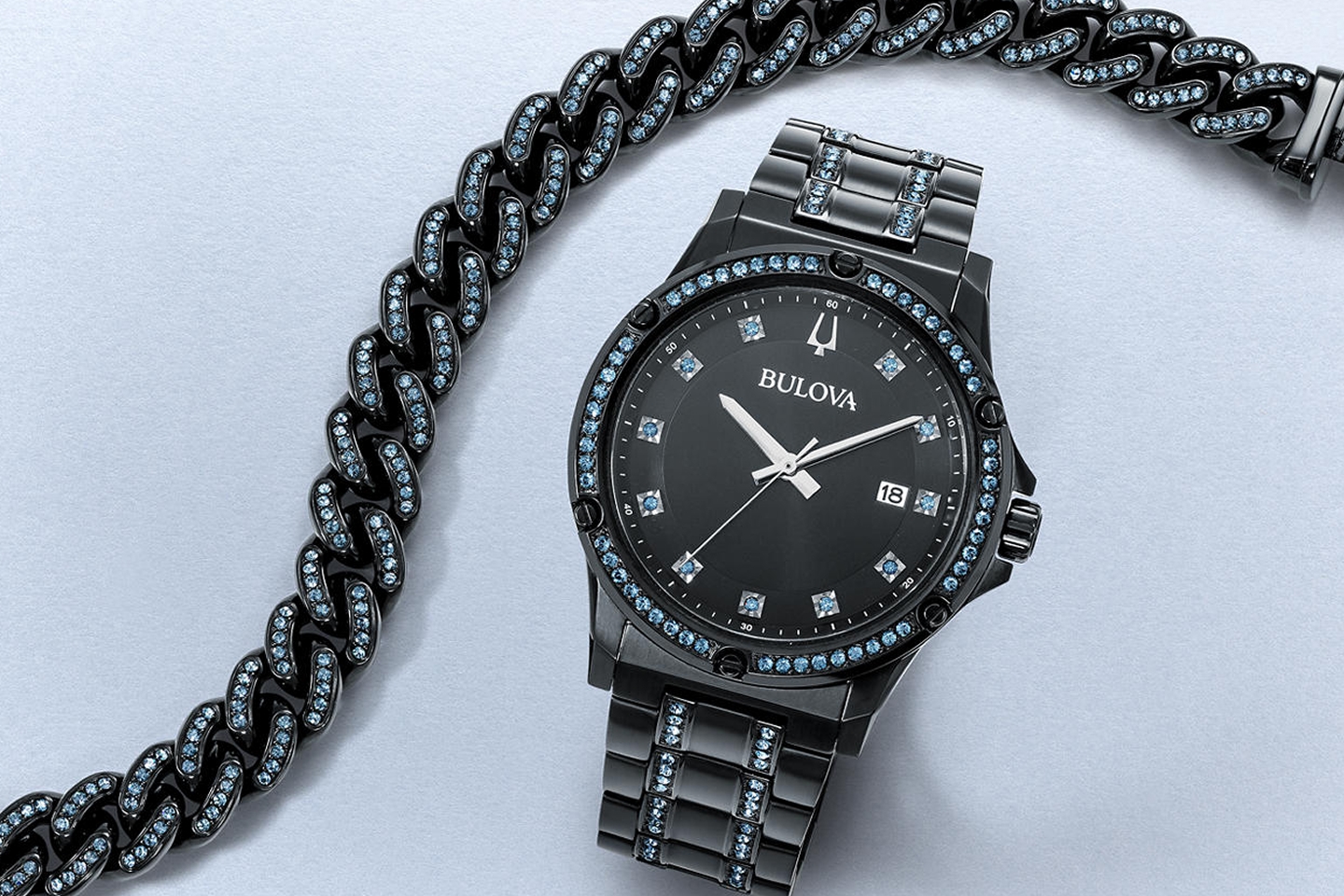 Black and blue watch and cable chain set