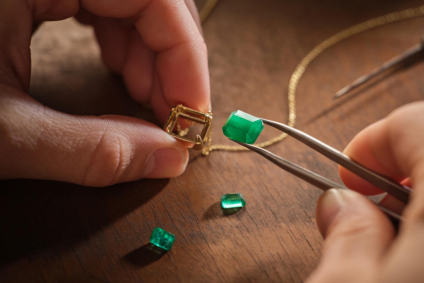 Jeweler resetting emerald into gold necklace