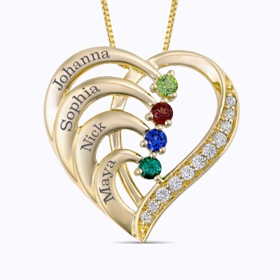 Gold diamond heart necklace with birthstones and family names