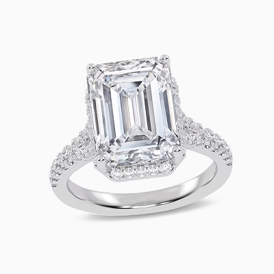 Image of emerald cut diamond halo engagement ring