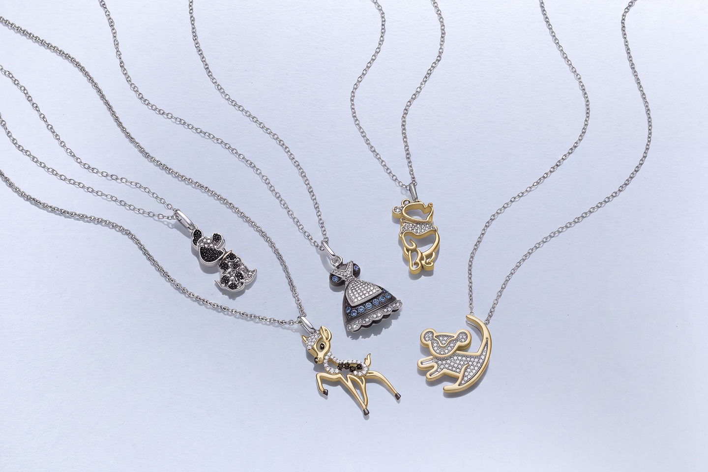 Disney Treasures Dalmation, Bambi, Alice dress, Winnie the Pooh, and Simba necklaces