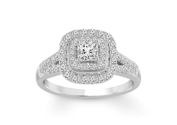 Halo engagement ring with princess-cut center